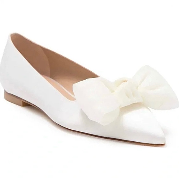 Stuart Weitzman ANNY MESH White Silk Satin Bow Flats Pointed Toe Bridal Shoe 7.5 - Picture 3 of 13